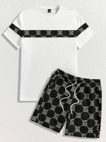 Manfinity BRENVOR Letter Printed Short Sleeve T-Shirt And Drawstring Shorts Casual Set For Summer - Black and White - View 1