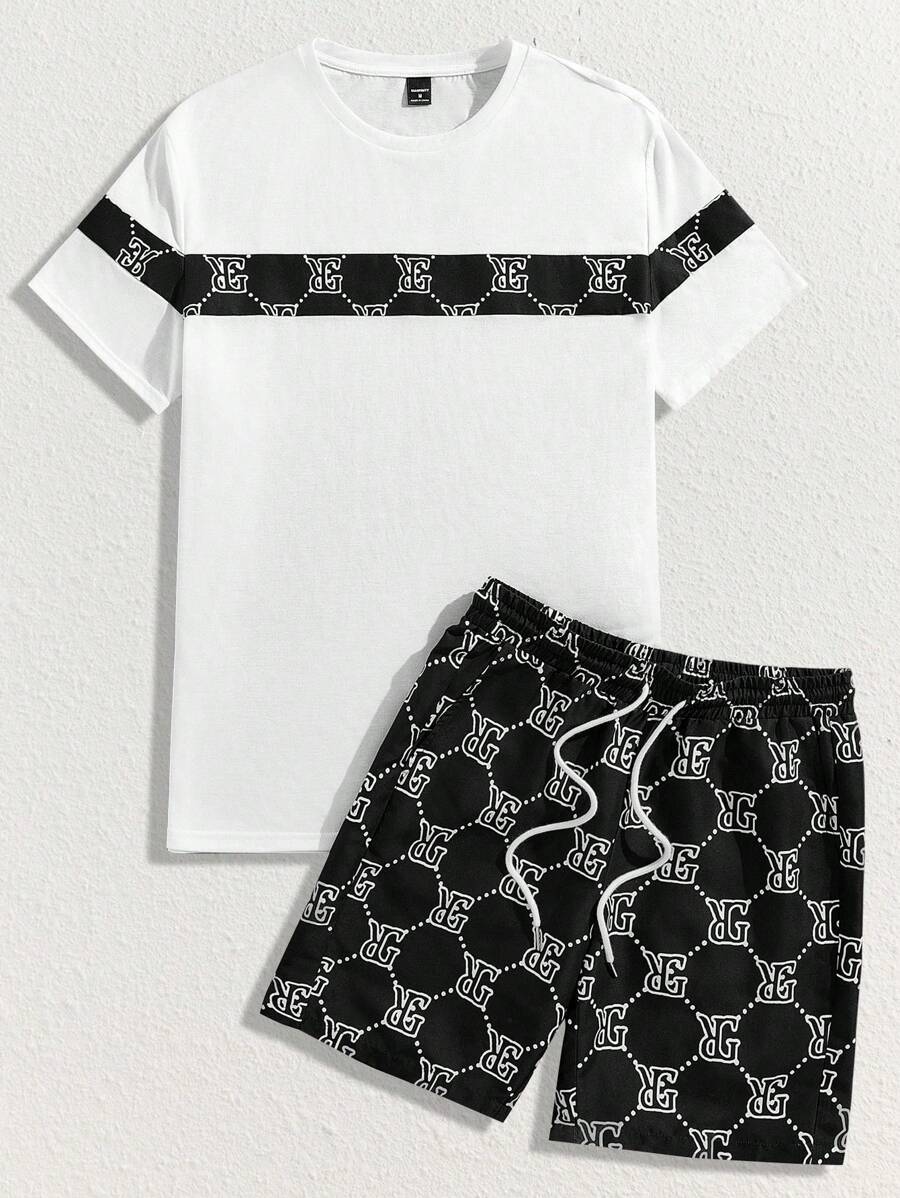 Manfinity BRENVOR Letter Printed Short Sleeve T-Shirt And Drawstring Shorts Casual Set For Summer - Black and White - View 1