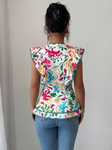 Elenzga Women's Fashionable Casual Ruffle V-Neck Fitted Floral Blouse - Multicolor - View 2