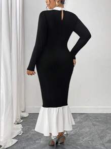 Elenzga Plus Size Elegant Color Block Patchwork Fishtail Dress