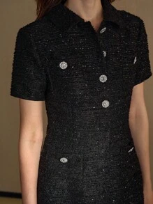 MOTF PREMIUM Vestido de tweed con detalle de rhinestones y bolsillo parche - Negro - Ver 2