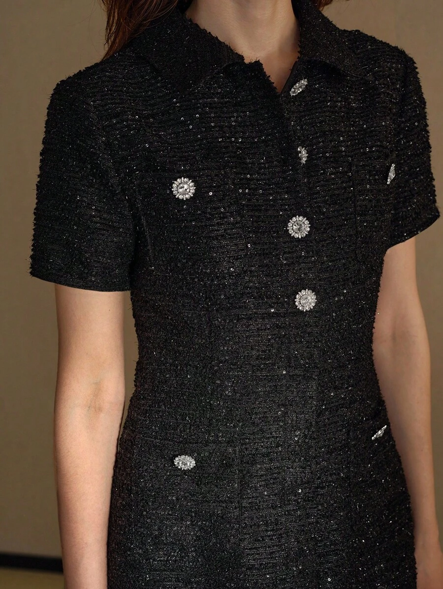 MOTF PREMIUM Vestido de tweed con detalle de rhinestones y bolsillo parche - Negro - Ver 2