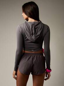 Missguided x Playboy Cropped Full Zip Hooded Active Jacket With Side Ruched Detail And Drawstring Sides Modern Loungewear Athleisure Style - Dark Grey - View 2
