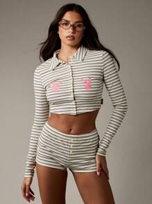 Missguided x Playboy Retro Style Ribbed Bunny Logo Striped Lounge Set With Collared Crop Top And High Rise Shorts
