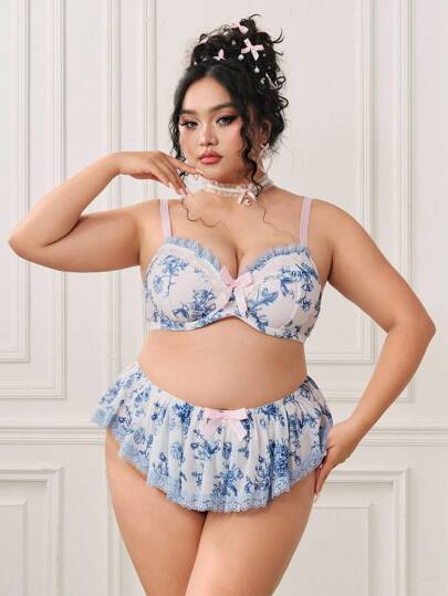 Kawaii Conjunto de lencería con estampado floral y aros para tallas grandes, estilo palaciego, para el té de la tarde de verano