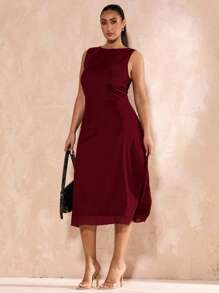 SHEIN BAE 大码女式黑色网眼优雅中长款紧身 A 字针织连衣裙，适合毕业典礼、婚礼、法式风格、晚礼服、生日礼服、伴娘礼服，简约优雅的日常/正式/派对礼服 - 酒紅色 - 查看 3