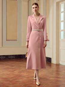 ZEYLAH Women's Solid Color Lapel Collar Long Sleeve Elegant Midi Dress With Embroidery Decor And Single-Breasted Button - Pink - View 4