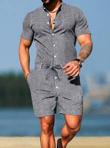 Manfinity RSRT Men's Summer Casual Short Sleeve Romper Men Rompers Men Resort Wear - Grey - View 1