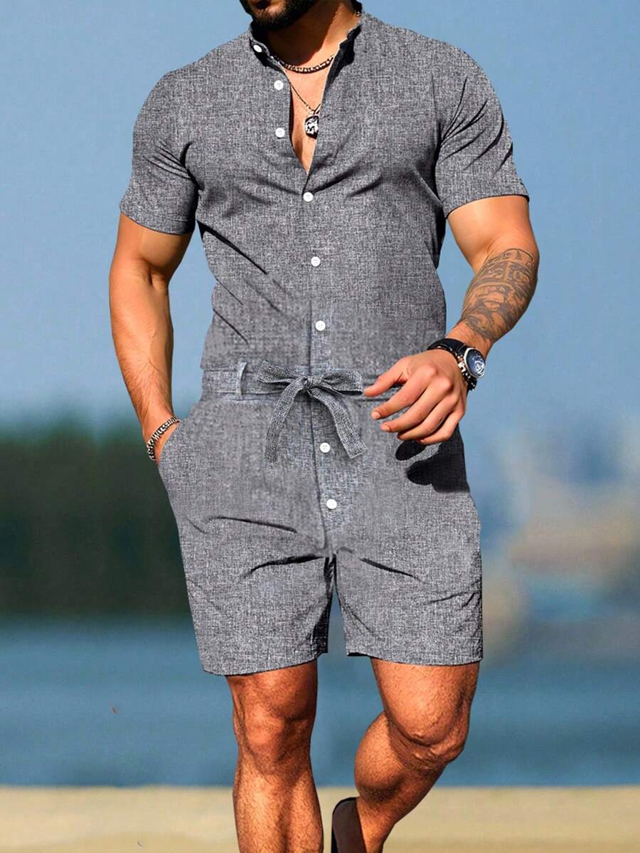 Manfinity RSRT Men's Summer Casual Short Sleeve Romper Men Rompers Men Resort Wear - Grey - View 1