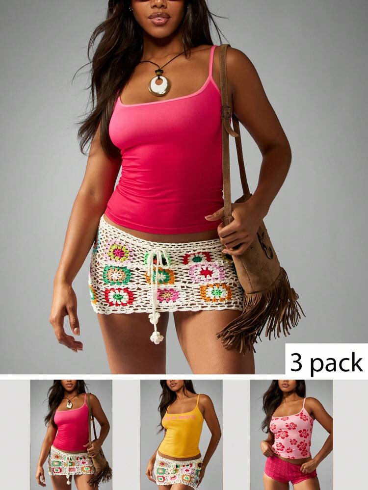 MISSGUIDED 3 paquets Collection de débardeurs d'été Palm Beach Crochet Cami Tenues de plage Vacances Villégiature Festival Voyage Décontracté Lot multipack