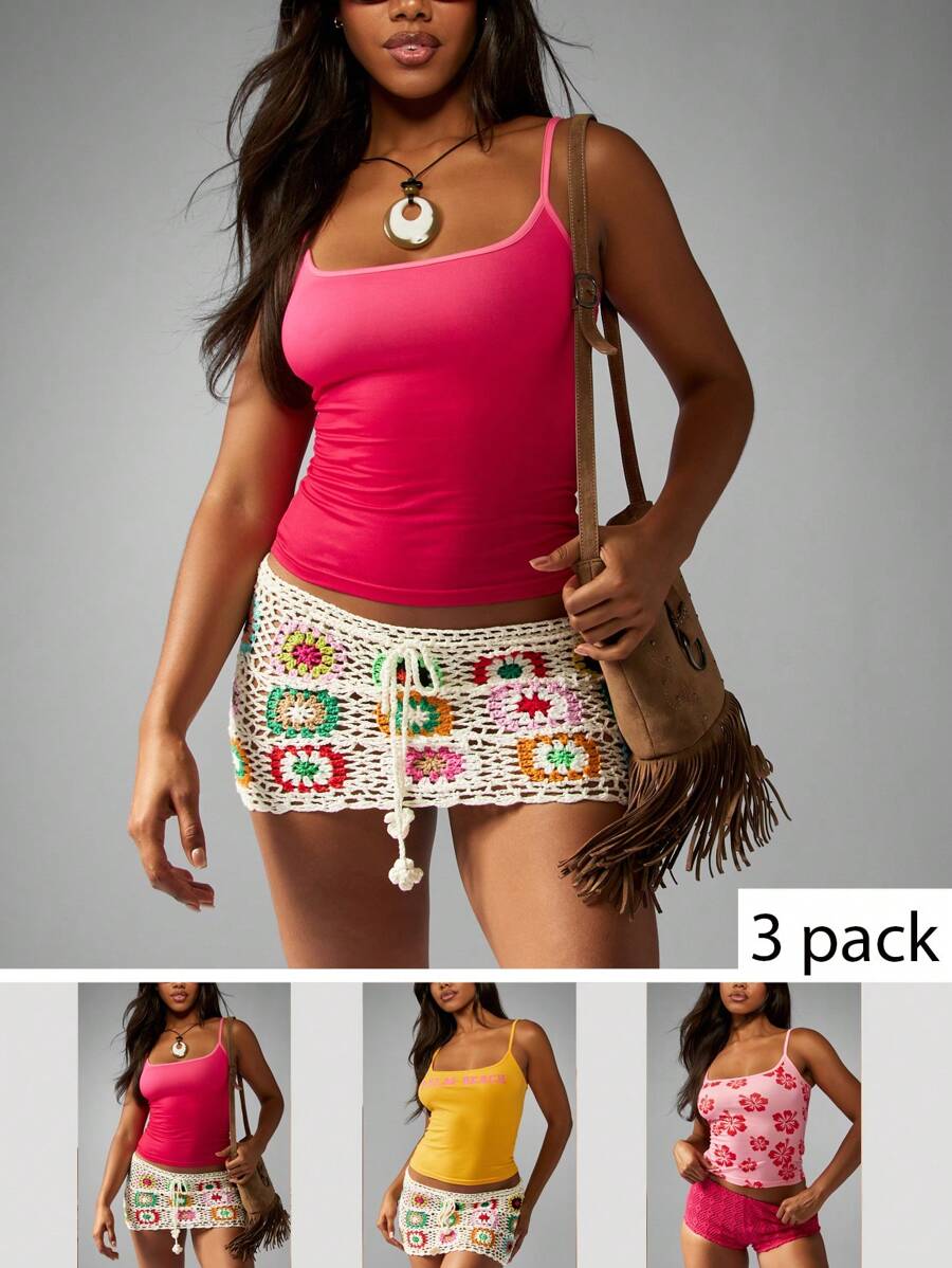 MISSGUIDED 3 Packs Palm Beach Summer Tank Top Collection Crochet Cami Beachwear Vacation Resort Festival Travel Casual Multipack Bundle - Multicolor - View 1