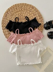 3入組嬰兒女孩休閒簡約可愛針織實色露肩短袖上衣套裝 - 彩色 - 查看 2