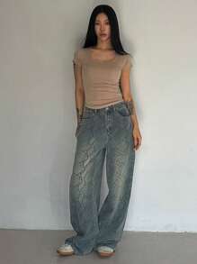 DAZY Jeans casuales versátiles de pierna ancha y bolsillos con estampado de piel de serpiente para mujeres