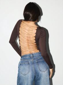 KIZN Top scurt cu detaliu la spate cu mânecă lungă, guler tip balet, mulat, petrecere, club, modă clasică, toamnă-iarnă - cafea maro - Vizualizare 1