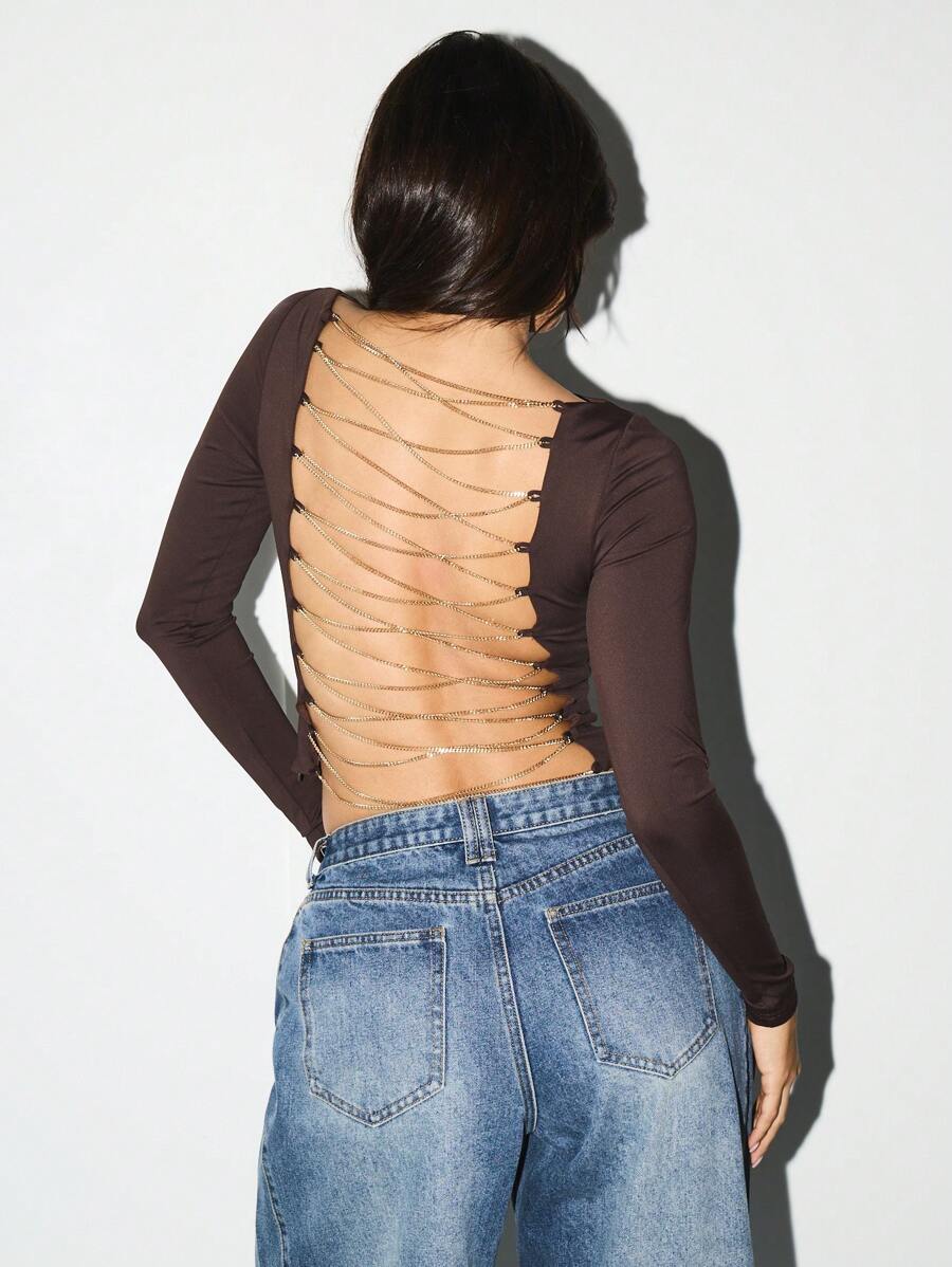 KIZN Top scurt cu detaliu la spate cu mânecă lungă, guler tip balet, mulat, petrecere, club, modă clasică, toamnă-iarnă - cafea maro - Vizualizare 1