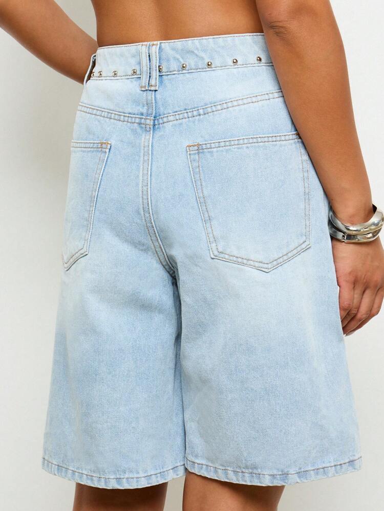 Wide Leg Denim Jorts With Studded Embellishments