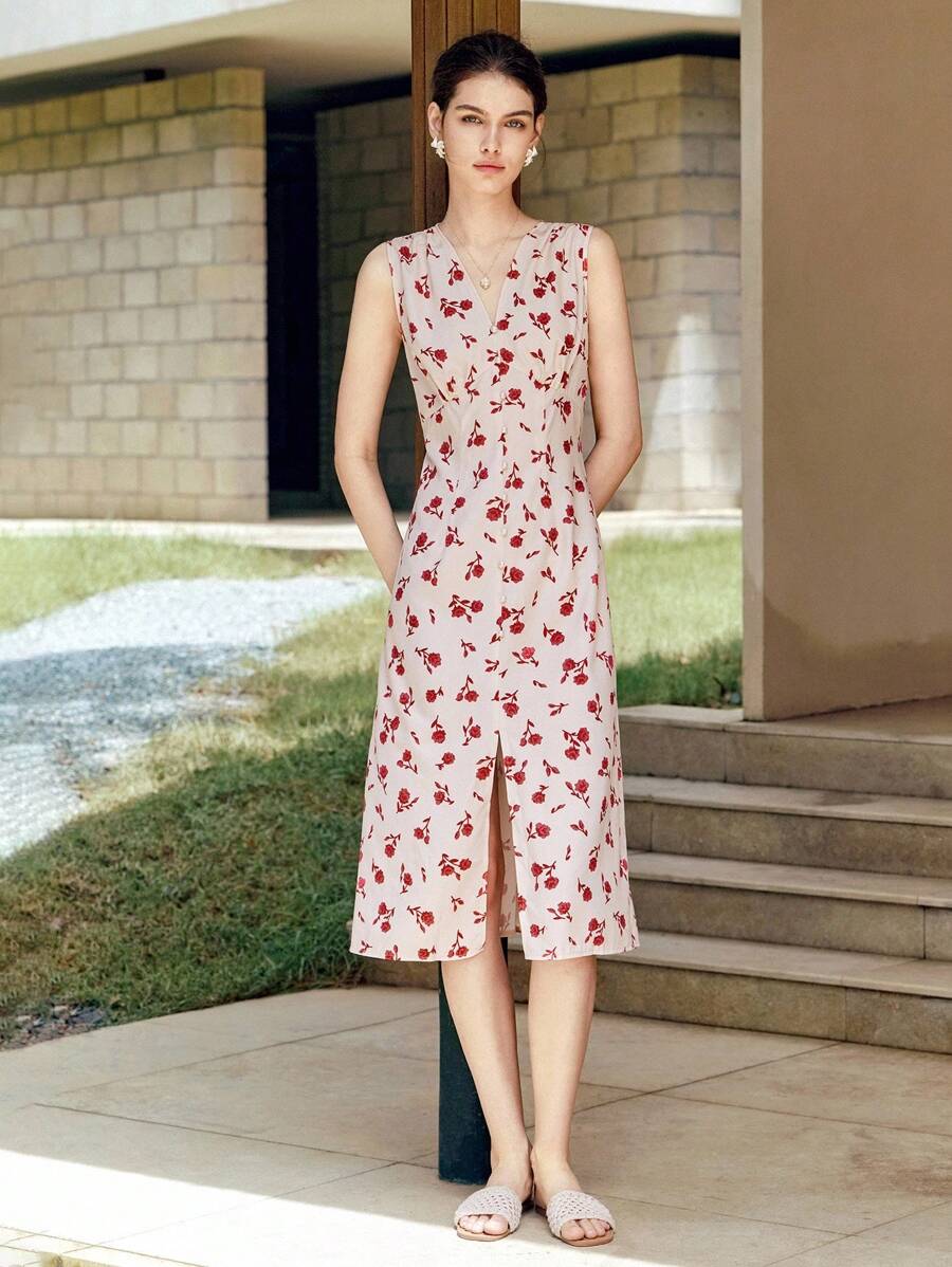 Chiquease Robe longue femme sans manches à col V avec boutons effet perle et imprimé floral rouge - Nude - Voir 1