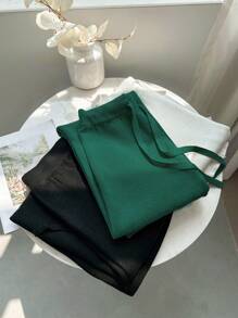 Franclia New Women High Waist Tie-Up Casual Straight Leg Wide Leg Pants, Thickened Thermal Lined Knitted Wool Trousers Knitted Sweater Clothes For University - Dark Green - View 8