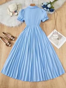 年轻女孩优雅奶油色和白色V领泡泡袖短袖褶皱长裙 - 藍色 - 查看 2