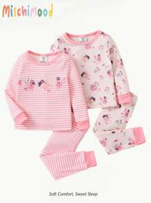 Conjunto de 2 piezas para bebé niña con diseño de dibujos animados, top de cuello redondo de manga larga y pantalones de ajuste ceñido, atuendo acogedor, primavera otoño