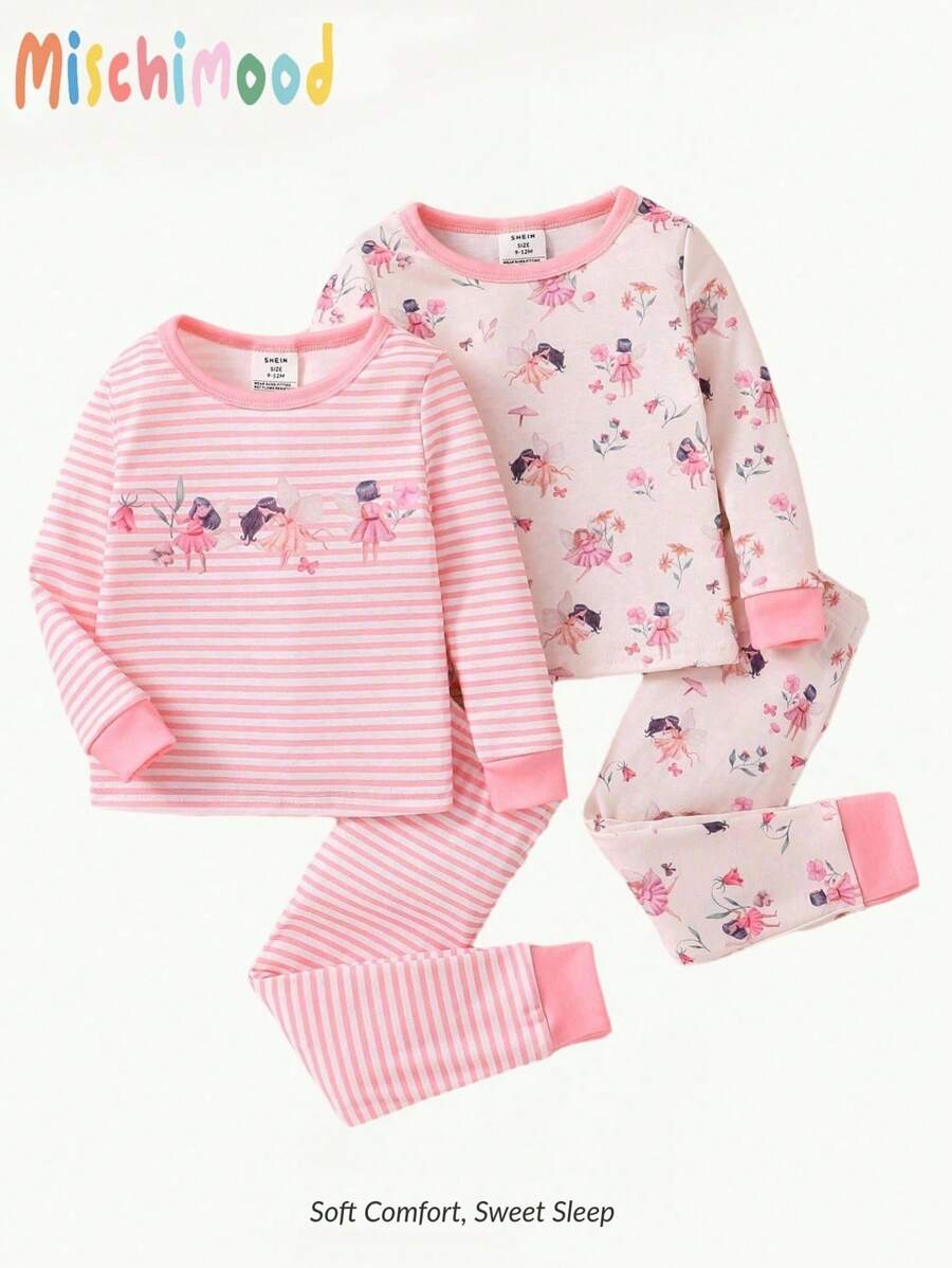 Conjunto de 2 piezas para bebé niña con diseño de dibujos animados, top de cuello redondo de manga larga y pantalones de ajuste ceñido, atuendo acogedor, primavera otoño