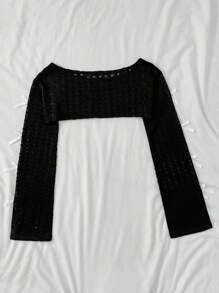 SHEIN Teen Girls Faux Fur Black Bow Decor Cropped Cutout Textured Sweater Top - Black - View 2