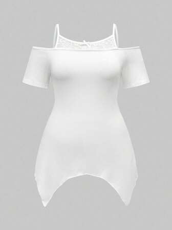 Goth Camiseta blanca de talla grande con escote asimétrico, tirantes de encaje y estampado de esqueleto de gato gótico, para conciertos de verano, festivales de música electrónica y estilo callejero