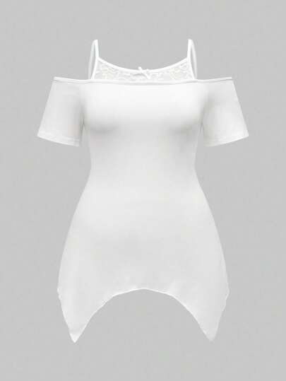 Goth Gyaru Summer Beach West Concert, Streetwear de festival rave pour femmes, T-shirt blanc asymétrique à épaules dénudées, à bretelles spaghetti, avec dentelle et motif squelette étoile gothique chat, grande taille