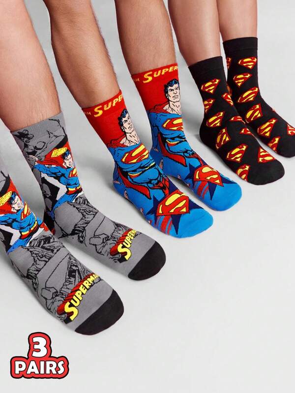 SUPERMAN X SHEIN 3 Pairs Breathable & Sweat-Absorbent Men's Crew Socks, Reinforced Toe & Heel, Durable Wear, Suitable For All Seasons