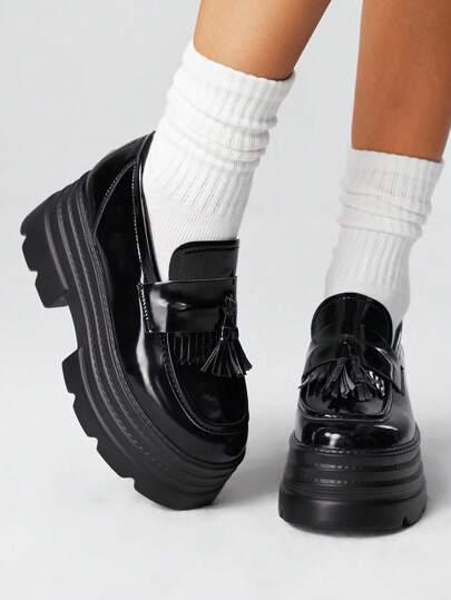 Goth Women's Black Leather Mary Jane Slip-On Loafers, Japanese School Uniform Style Shoes, Dress/Work Pumps With Platform & Chunky Heel