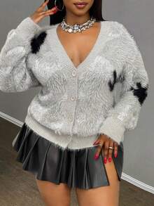 Slaydiva 大码女式撞色蓬松长袖单排扣休闲开衫毛绒上衣银色女式上衣毛衣套装秋冬时尚女装 - 彩色 - 查看 9