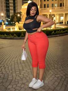 SHEIN Unity Plus Size Women Summer Fashion Elastic Tight 3/4 Pants Summer Festival - Red - View 4