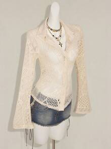 SHEIN ICON Damen neue vintage Spitzen Patchwork asymmetrische figurbetonte Hemd Bluse, Apricot