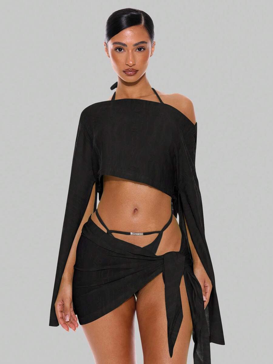 Musera Resort 不对称领口垂褶纹理长袖上衣，仅限夏季春季度假性感伊比沙岛海滩罩衫黑色秋季纯色 - 黑色 - 查看 1