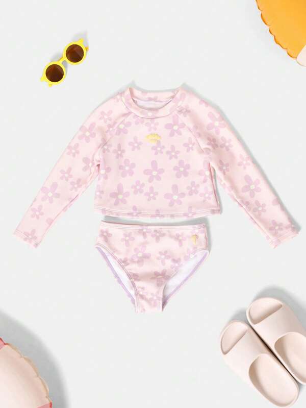 SUMWON Costume de baie cu mânecă lungă și protecție solară, imprimeu floral, vară, plajă, piscină, rashguard, set de bikini cu protecție UV