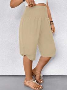 SHEIN CURVE+ Plus Size Women Casual Pants, Textured Fabric - Khaki - View 6