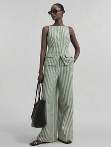 Ontre Conjunto de 2 piezas de pantalones a rayas de lino y camiseta para mujer, atuendo casual de negocios, adecuado para salidas, playa, vacaciones, festivales de música, estilo bohemio, otoño