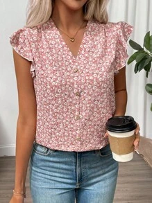 SHEIN Clasi Vacation Casual Pink Floral Ruffle Trim Shirt