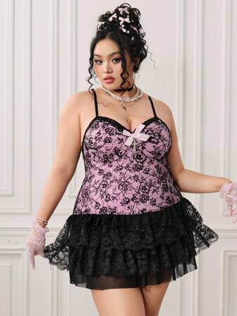 Kawaii Abito da donna vintage grunge punk di taglia comoda con applicazioni di pizzo, fiocco e stampe floccate