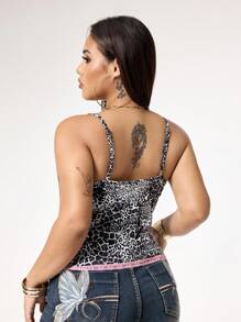 ROMWE Grunge Punk Sexy Vintage Leopard Print Contrast Color Black And Pink Lace Trim Spaghetti Strap Low-Cut Bodycon Stretchy Plus Size Cami Top, Suitable For Spring Break Concerts, Raves And Festivals - Pink - View 3