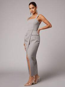 Silquee Elegant High-End Series, Commuter Series, Women's Elegant Solid Color Wrap Dress, Autumn Gray, Wide Shoulder Straps, Overlapping Hem Slit Design, Elastic Woven Slim Dress, Adjustable Shoulder Straps, Lined Light Gray Dress, Suitable For Commuting Office Teachers, Autumn Women's Clothing, Autumn Office Suit Women's Dress Business Casual Ladies,Going Out Outfits - Grey - View 5