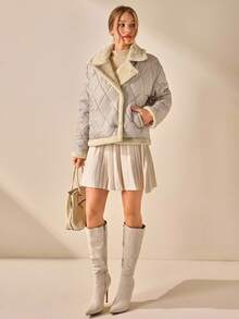 CLARA VERO Women Color Block Front Button Placket Sleeveless Pockets Casual Padded Coat Fashionable Casual Geometric Quilted Long Sleeve Jacket With Pockets - Beige - View 3