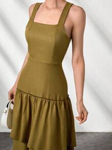 CLARA VERO Vestido largo de lino elegante con volantes en color amarillo para mujer