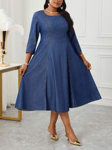 SHEIN Lady Váy denim định hình eo giặt thường ngày cỡ lớn, quần áo mùa thu cho nữ, váy mùa đông, váy mùa thu cho nữ, trang phục Halloween cho nữ, quần áo Giáng sinh cho nữ, váy dự tiệc dài năm mới, váy thường ngày cho nữ, váy dài thường ngày - Rửa tối - Xem 3