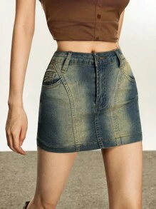 INAWLY Women's Summer Casual Street Washed Denim Mini Skirt - Blue - View 5