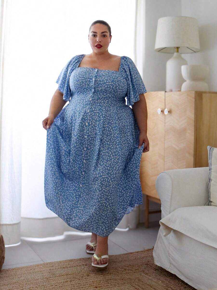 Pretty and Ole Robe d'été boho pour femme avec col carré boutonné, imprimé floral délicat, grande taille - Bleu azur - Voir 1
