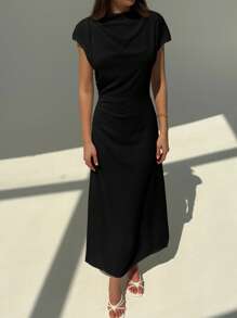 Aloruh 全新不对称修身优雅简约办公室女士长款连衣裙 - 黑色 - 查看 3