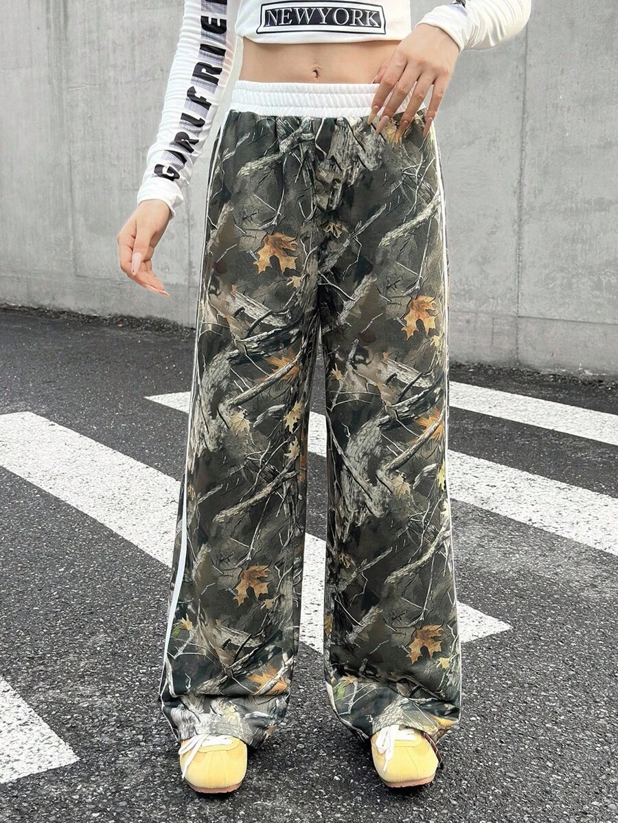 SHEIN Teen Girls Green Dried Leaf Print Waistband Contrast Trim Loose Pants, Casual Fall Winter - Multicolor - View 1