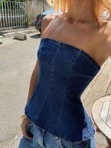 SHEIN EZwear Ladies Autumn New Backless Sleeveless Tube Top Waist Fishtail Denim Top, Suitable For Daily Street Wear - Blue - View 1