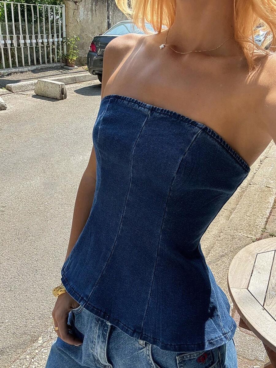 SHEIN EZwear Ladies Autumn New Backless Sleeveless Tube Top Waist Fishtail Denim Top, Suitable For Daily Street Wear - Blue - View 1